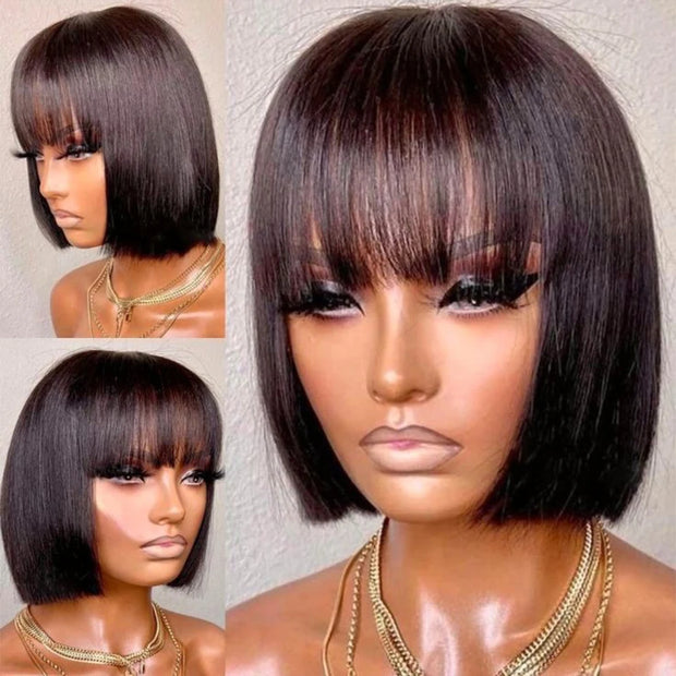 Brazilian Human Hair Wig with Bangs Remy Straight Hair Bob Wigs Full Machine Made Wig for Women 8-16 Inches No Lace Bob Wigs