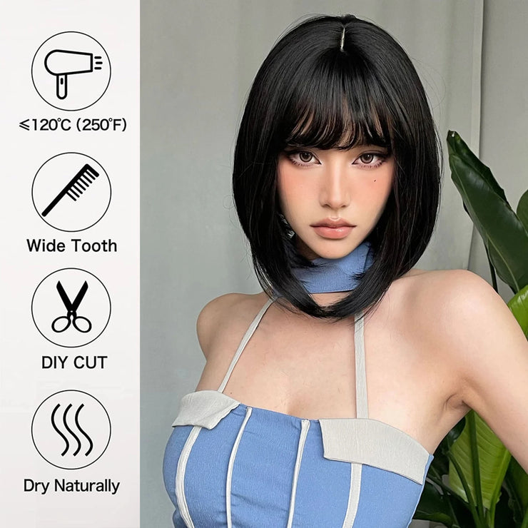 Bob Black Wigs Straight Cosplay Short Synthetic Daily Natural Looking Hair Wig with Bangs Heat Resistant Fiber for Women Afro