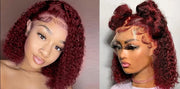 99j Burgundy Pixie Cut Lace Front Human Hair Wig Red Brazilian Short Bob Curly Lace Frontal Wig Water Deep Wave Pre Plucked 180%