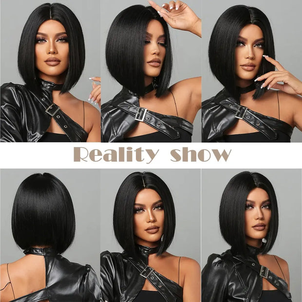 Natural Hairline Hair For Black Women Short Straight Bob Middle Part Heat Resistant Synthetic Wig For Daily Use Cosplay