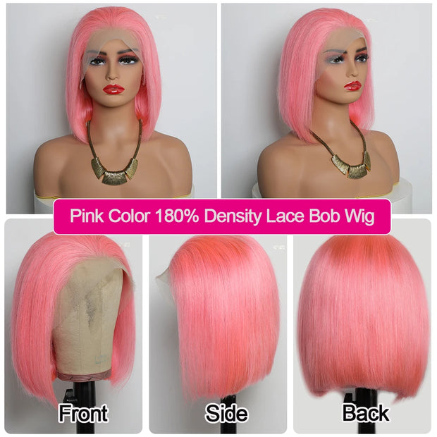 Pink Color Blunt Cut Short Straight Glueless Bob Wig 180% Density 13×4 Lace Front Wig Brazilian Remy Wear And Go Human Hair Wigs