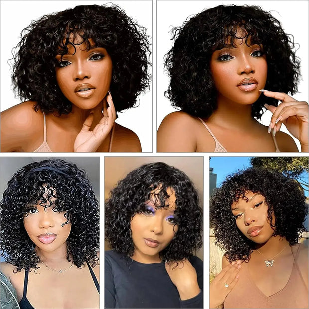 Water Wave Human Hair Wigs With Bangs Brazilian Remy Curly Human Hair Wigs For Women Full Machine Made No Lace Fringe Wig