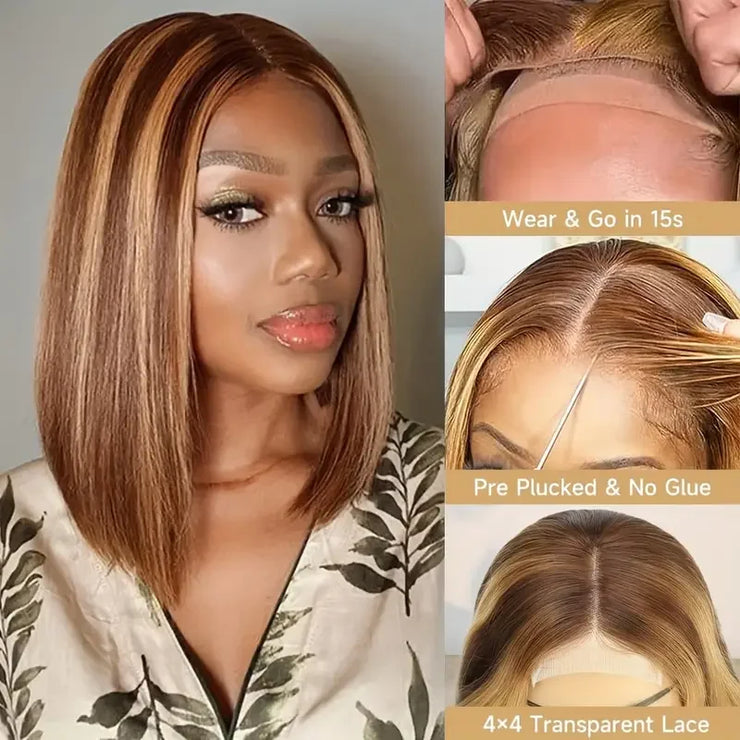 Wear And Go Glueless Wig Human Hair Ombre Highlight Bob Wig Human Hair For Women 4x4 Straight Lace Closure Wigs Human Hair