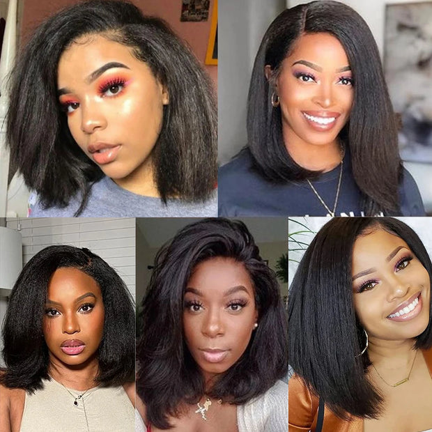 Short Glueless Wigs Ready To Wear Kinky Straight Human Hair Bob Wigs For Women Yaki HD Lace Frontal Brazilian Remy Hair Wigs