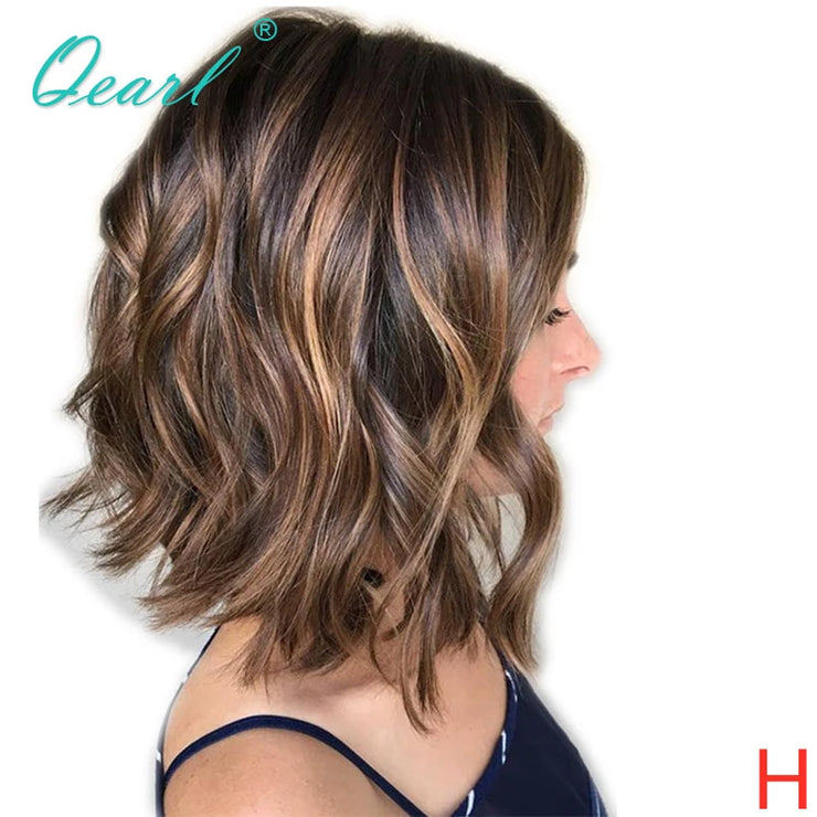 Ombre Short Bob Wavy Human Hair Lace Front Wigs HD Invisible 13X4 Lace Frontal Wig for Women Brown Honey Blonde Highlights Qearl