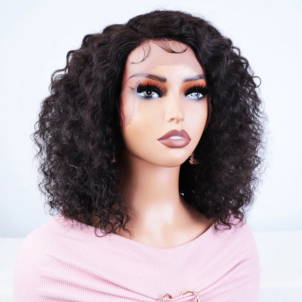 Sleek Afro Kinky Curly Bob Lace Front Wigs 13X6X1 C type Side Part Deep Curly Human Hair Natural Black Remy Lace Wigs