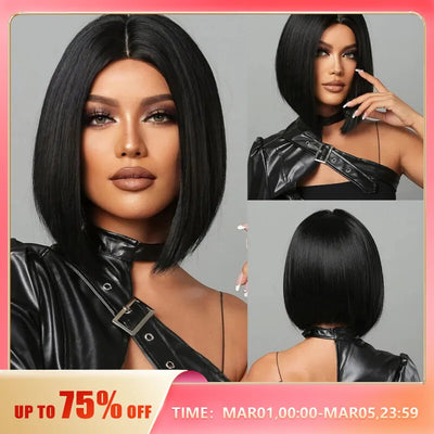 Natural Hairline Hair For Black Women Short Straight Bob Middle Part Heat Resistant Synthetic Wig For Daily Use Cosplay