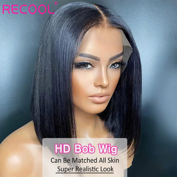 Recool Glueless Lace Front Human Hair Wig HD Lace Frontal Wig For Women Human Hair Ready To Wear Short Glueless Straight Bob Wig