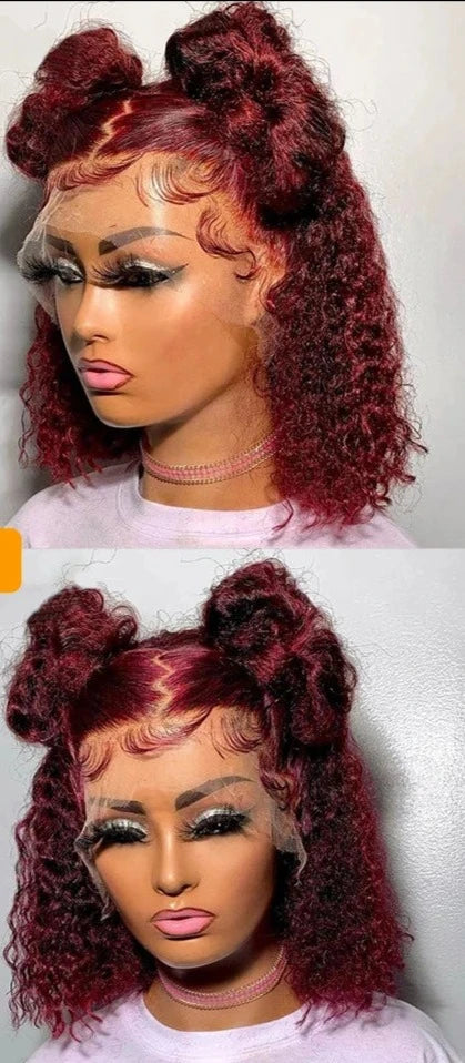 99j Burgundy Pixie Cut Lace Front Human Hair Wig Red Brazilian Short Bob Curly Lace Frontal Wig Water Deep Wave Pre Plucked 180%