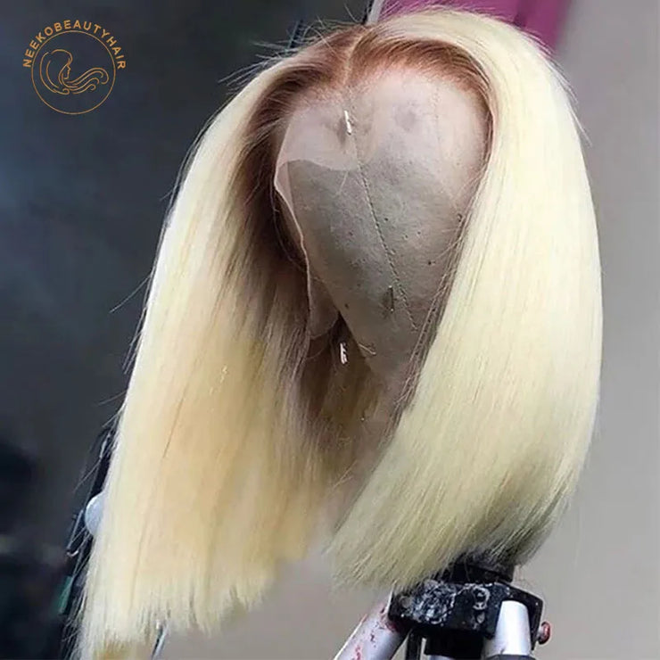 Ombre Blonde Bob Lace Front Human Hair Wigs 13X4 4/613 Honey Blonde Dark Root Colored Short Bob Lace Frontal Wig Closure Wig