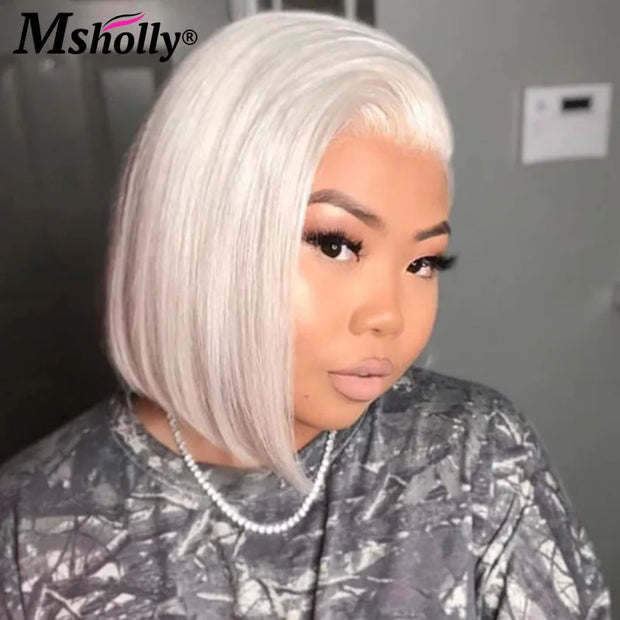 Platinum Short Bob Human Hair Wig 13x4 Lace Front Human Hair Wig White 60 Blonde Colored Straight Bob Wigs Preplucked Hairline