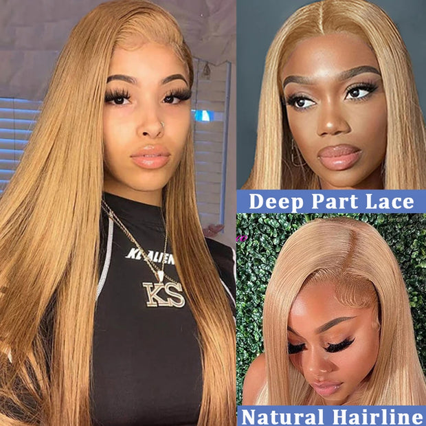 #27 Color Lace Frontal Wigs Brazilian Straight Honey Blonde Lace Front Wigs 13X4 HD Lace Front Human Hair Wigs For Women