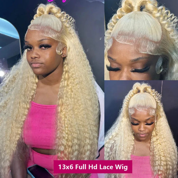 613 Honey Blonde Deep Wave Lace Frontal Wig Brazilian PrePlucked Curly 13x4 13x6 Blonde HD Transparent Lace Front Human Hair Wig