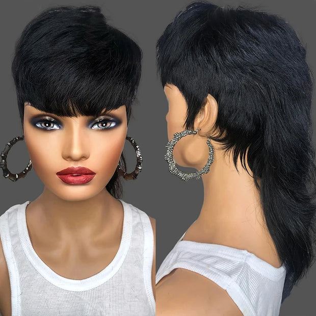 Full Machine Made Short Pixie Cut Wig With Bangs Glueless Wear And Go Brazilian Loose Curly Human Hair No Lace Wigs For Women