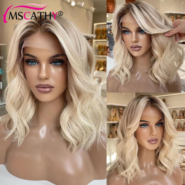 Ash Blonde Ombre Human Hair Wigs For Women Body Wave HD Transparent Lace Frontal Wig Brazilian Remy Hair Short Bob Wig Pre Pluck