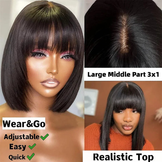 Pixie Cut Short Bob Wigs With Bangs 3X1 Upgraded Realistic Lace Scalp Straight Bob Wig With Bangs Wear & Go Glueless Fringe Wig