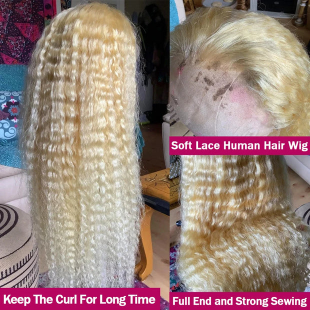 613 Honey Blonde Deep Wave Lace Frontal Wig Brazilian PrePlucked Curly 13x4 13x6 Blonde HD Transparent Lace Front Human Hair Wig