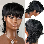 Full Machine Made Short Pixie Cut Wig With Bangs Glueless Wear And Go Brazilian Loose Curly Human Hair No Lace Wigs For Women