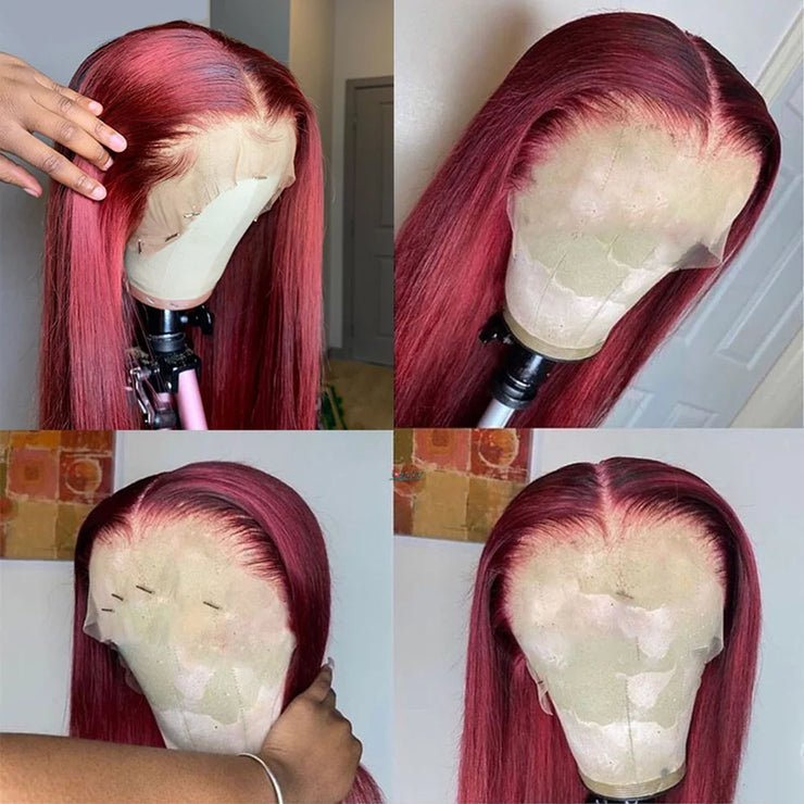 99J Wigs 13x4 HD Transparent Lace Front Human Hair Wig Burgundy Pre Plucked Human Hair Lace Front Wig Straight Human Hair Wig