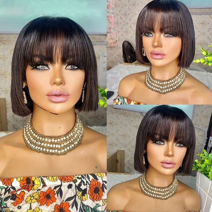 200 Density Short Human Hair Wigs for Women Human Hair Straight Bob Wig with Fringe Machine Made Wigs Perruque Cheveux Humain