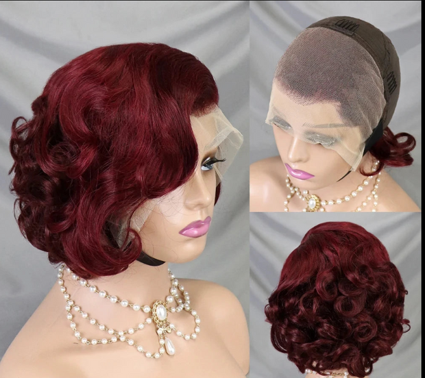 99J Burgundy Pixie Cut Wig Bob Wig 13x4 Transparent Full Lace Frontal Bouncy Curly Human Hair Wig for Black Women 180% Density