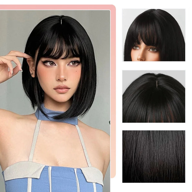 Bob Black Wigs Straight Cosplay Short Synthetic Daily Natural Looking Hair Wig with Bangs Heat Resistant Fiber for Women Afro