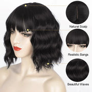 I's a wig Short Black Bob Wavy Wigs With Bangs for Women Synthetic Wig Heat Resistant Fiber Red Black Pink Hairs