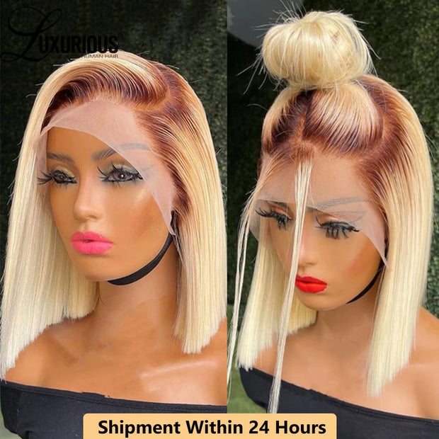 13x4 Ombre Blonde Short Bob Pixie Cut Wigs For Women Human Hair 180 Density Blonde Lace Front Wig Peruvian Hair Transparent Lace