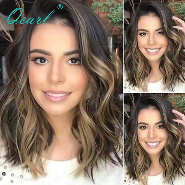 Ombre Short Bob Wavy Human Hair Lace Front Wigs HD Invisible 13X4 Lace Frontal Wig for Women Brown Honey Blonde Highlights Qearl