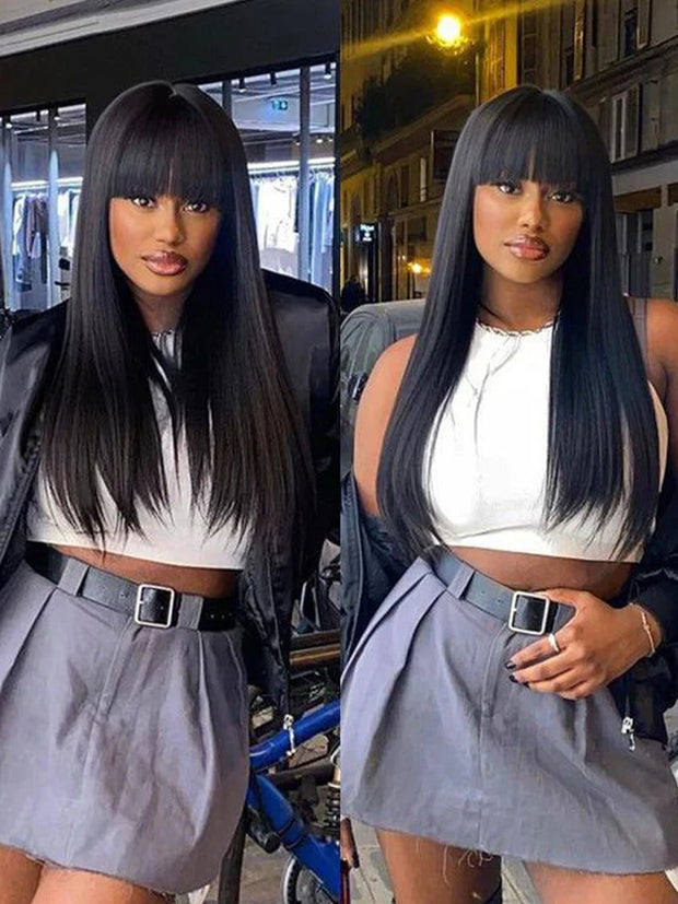 30 Inch Long Bone Straight 100% Human Hair Wig With Bangs Short Bob Human Hair Wigs For Black Women Cheap Brazilian Fringe Wig