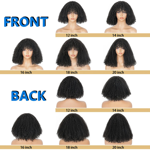 Afro Kinky Curly Wigs with Bangs 200% Density Brazilian Remy Human Hair Full Machine Made Wigs Short Afro Curly Wigs For Women