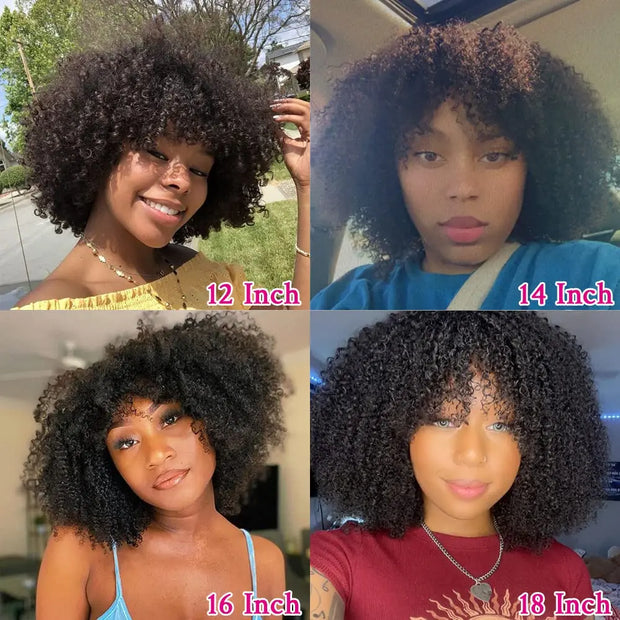 Afro Kinky Curly Human Hair Wigs With Bangs 200% Density Brazilian Remy Human Hair Short Bob Curly Wigs For Black Women Afro Wig