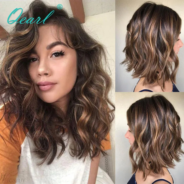 Ombre Short Bob Wavy Human Hair Lace Front Wigs HD Invisible 13X4 Lace Frontal Wig for Women Brown Honey Blonde Highlights Qearl