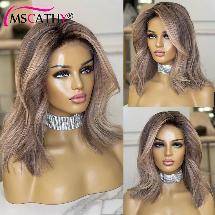 Ash Blonde Ombre Human Hair Wigs For Women Body Wave HD Transparent Lace Frontal Wig Brazilian Remy Hair Short Bob Wig Pre Pluck