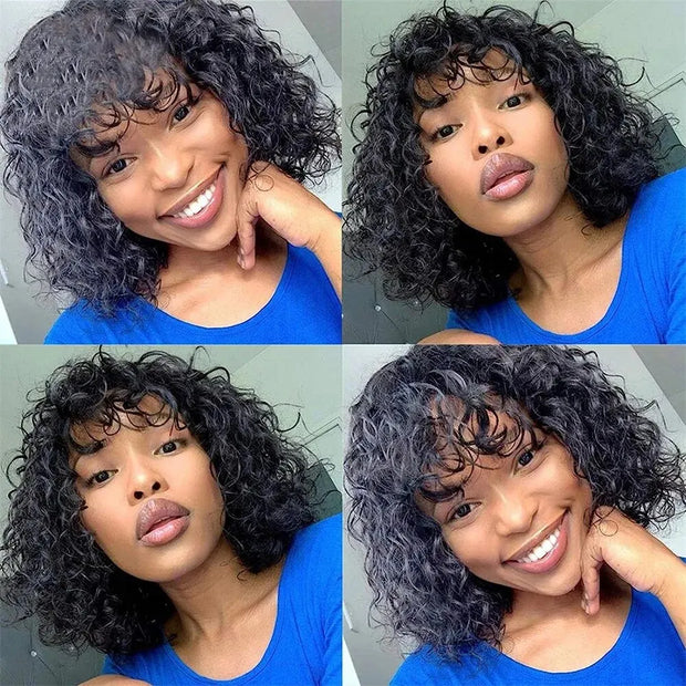 Water Wave Human Hair Wigs With Bangs Brazilian Remy Curly Human Hair Wigs For Women Full Machine Made No Lace Fringe Wig