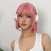 Pink Short Bob Straight Synthetic Wig with Bangs for Cosplay Lolita Fake Hair for White Women Party Natural Wig High Temperature