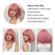 Pink Short Bob Straight Synthetic Wig with Bangs for Cosplay Lolita Fake Hair for White Women Party Natural Wig High Temperature