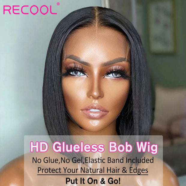 Recool Glueless Lace Front Human Hair Wig HD Lace Frontal Wig For Women Human Hair Ready To Wear Short Glueless Straight Bob Wig