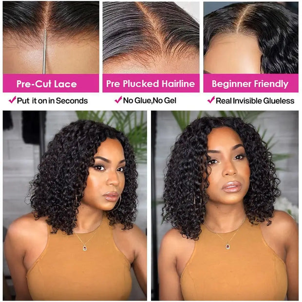 Wear and Go Deep Wave Glueless Wigs Human Hair Pre Plucked Pre Cut 4x4  Deep Curly Short Bob Wigs For Black Women