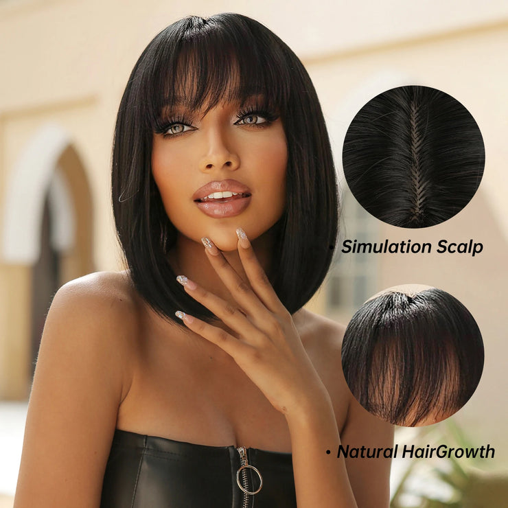 HENRY MARGU Bob Short Straight Synthetic Wigs with Bangs Black Hair Wigs for Women Daily Cosplay Party Wigs Heat Resistant