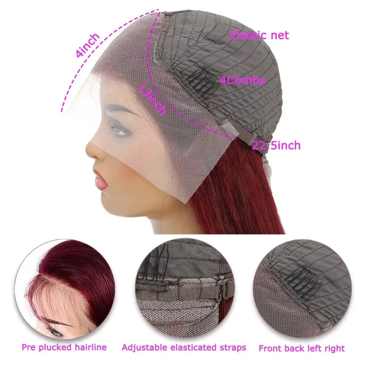 99J Wigs 13x4 HD Transparent Lace Front Human Hair Wig Burgundy Pre Plucked Human Hair Lace Front Wig Straight Human Hair Wig