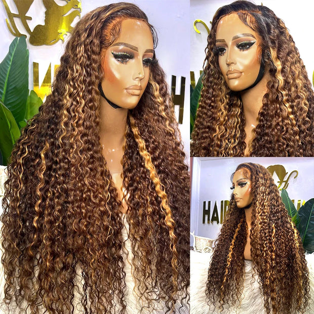 4/27 Colored Highlight Ombre 180% 13x6 Lace Front Human Hair Wig 30 40 Inch Curly Deep Wave Lace Frontal Wigs For Women