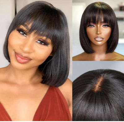 Pixie Cut Short Bob Wigs With Bangs 3X1 Upgraded Realistic Lace Scalp Straight Bob Wig With Bangs Wear & Go Glueless Fringe Wig